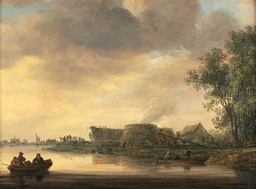 Een rivierlandschap met kalkovens, Jan van Goyen