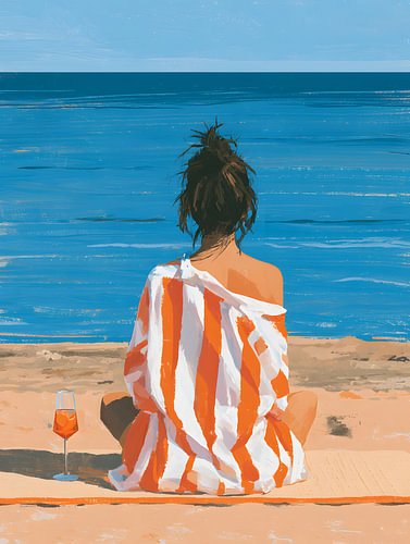 Vrouw in een gestreept shirt op het strand