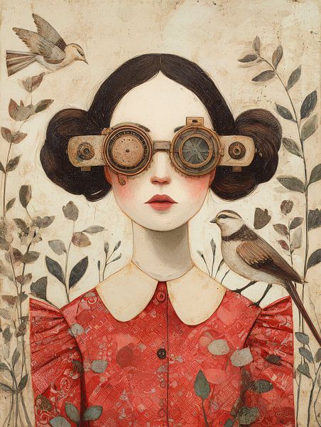 Poetic portrait of woman with steampunk glasses and birds by But First Framing