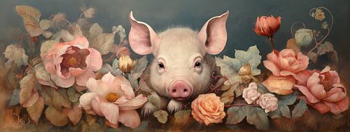 Schilderij Varken Rozen