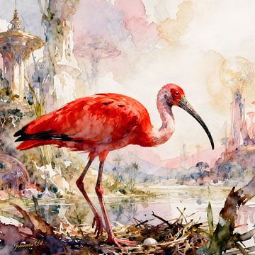 Prachtige vogels van de wereld - Scharlaken Ibis vogel1 van Johannas Art Creations