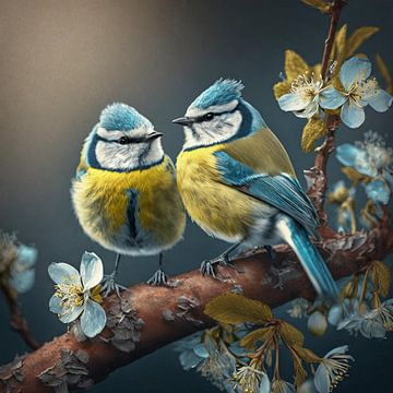 Zwei Blaumeisen im Frühling auf einem Ast, Illustration von Animaflora PicsStock