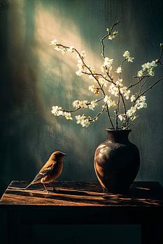 Vogel en bloesem stilleven