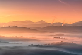 Volterra Sunrise Foggy Landscape and Geothermal Steam, Tuscany by Stefano Orazzini