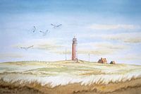 Dune landscape watercolour; The red lighthouse on the wadden island of Texel
