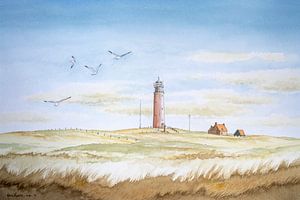 Aquarell einer Dünenlandschaft; Der rote Leuchtturm auf der Watteninsel Texel