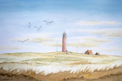 Duinlandschap aquarel; De rode vuurtoren op het wadden eiland Texel van Galerie Ringoot