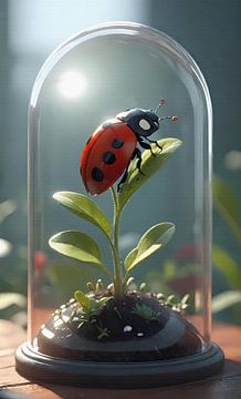 Ladybird on leaf in bell jar by Maud De Vries