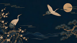 Des grues dorées sous la pleine lune dans un paysage de montagne japonais sur my pixel art