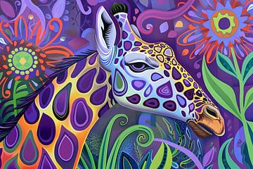 Abstract kleurrijk giraffe schilderij in psychedelische stijl van De Muurdecoratie