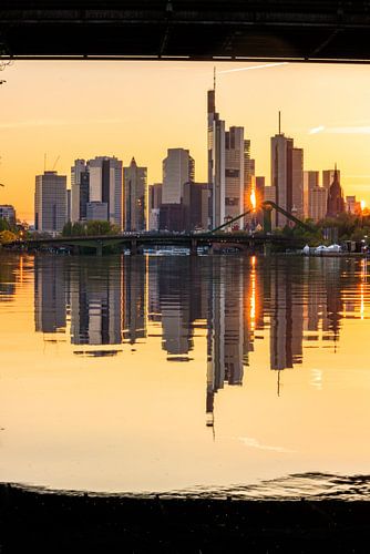 Frankfurt am Main skyline, weerspiegeling in de rivier