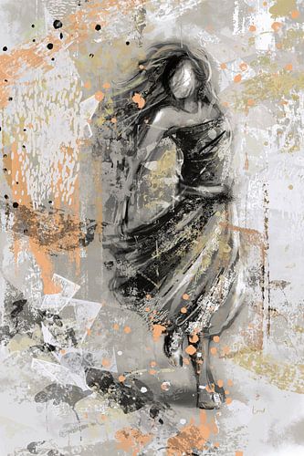 Abstract vrouw met jurk oranje oker zwart en wit