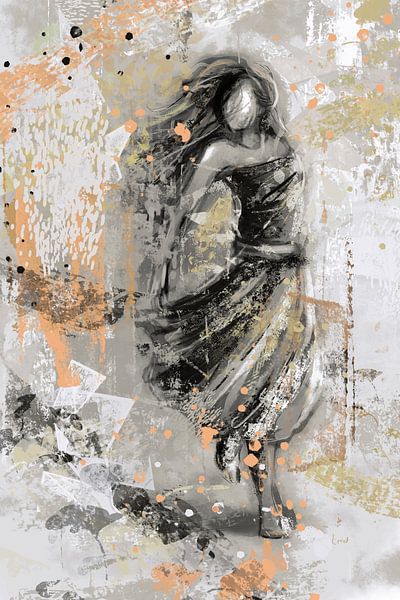 Femme abstraite avec robe orange ocre noir et blanc par Emiel de Lange