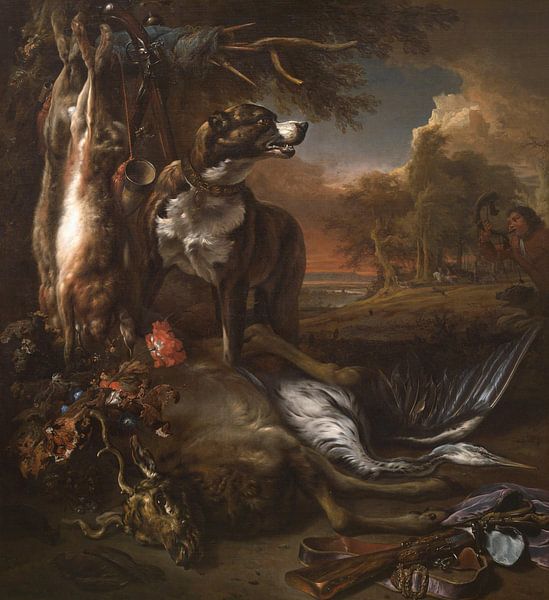 Een hertenhond met dood wild en instrumenten van de jacht, Jan Weenix van Meesterlijcke Meesters