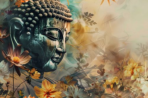 Serene Boeddha met Kleurrijke Bloemenzee