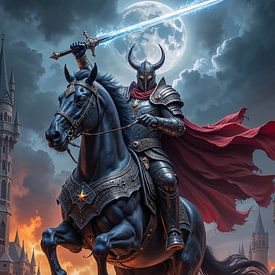 MALDRAVEN – De ridder van de duivel voor de brandende ruïnes van een stad van INFERAURUM