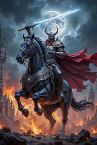 Dark Fantasy Wandbild: MALDRAVEN – Der Ritter des Teufels vor den brennenden Ruinen einer Stadt