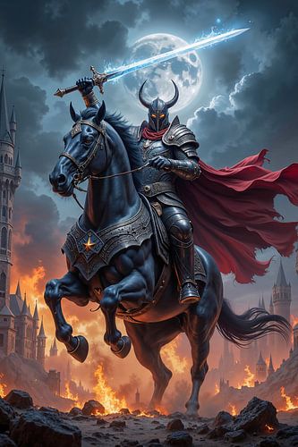 MALDRAVEN – The knight of the devil before the burning ruins of a city