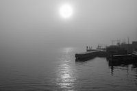 Mistige haven Oude Wetering zwartwit