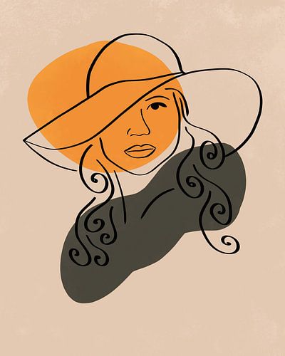 Vrouw met hoed lijn tekening met twee organische vormen in een minimalistische stijl