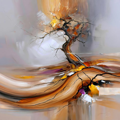 Amber Abstract Schilderij: Eenzame Boom die Wortelt in Golven van Hout