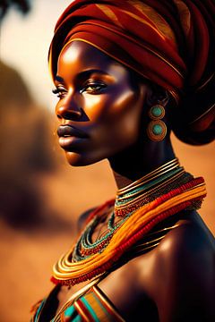 Afrikanische Dame. Ethnisches Porträt. Digitales Gemälde einer afrikanischen Stammesdame mit Erdtöne