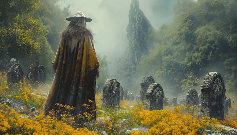Germanic sage in the magical field of flowers by artefacti