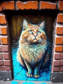Katze Ziegel Wand urban Streetart langhaarig orange blau
