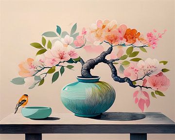 Modern Japandi schilderij: Vaas met bloemen met vogeltje op schaal van Studio Pieternel