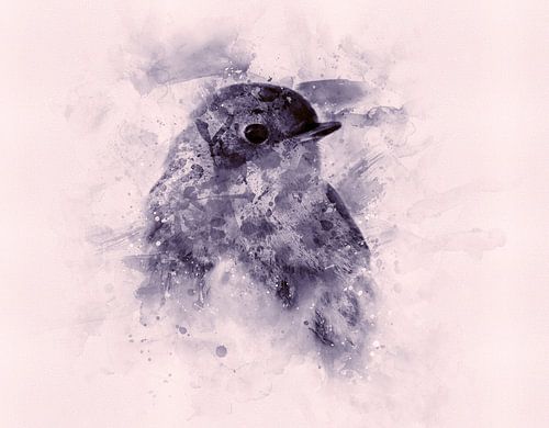 Roodborstje, Aquarel van een vogel in blauw, paars en roze