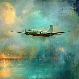Vintage-Flugzeug bei Sonnenuntergang - Mystery Painting von Peter Pen Zeichnungen und Gemälde