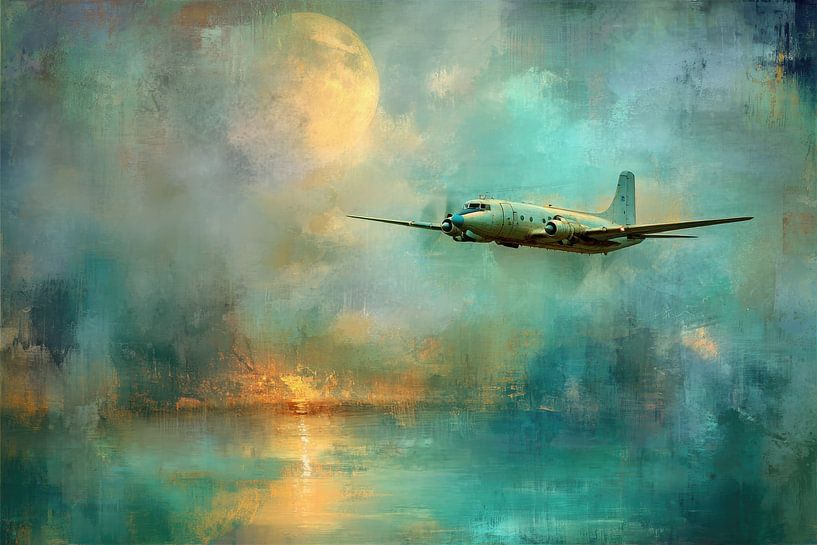 Vintage Airplane at Sunset - Mystery Painting by Peter Pen Drawings and Paintings