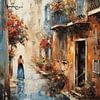 Vue de la rue de la ville en Italie, peinture à l'huile, design artistique, verticale sur Animaflora PicsStock