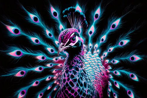 Digitale kunst van een kleurrijke pauw in neon