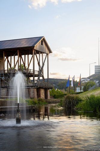 Fountain with view of the graduation building (salt works) in the spa gardens of Bad Dürkheim