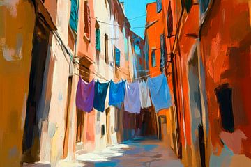 Colourful washing line in a narrow alleyway by Poster Art Shop