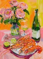 Pink and yellow still life with prawns