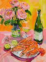 Pink and yellow still life with prawns by studio snik. thumbnail