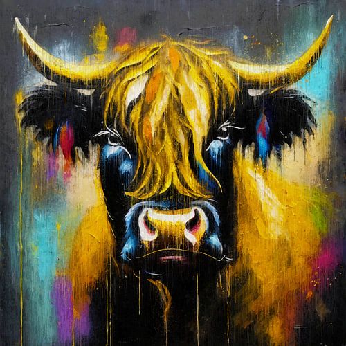 A painted Scottish Highlander cow