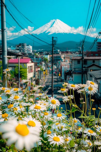 Blick auf Fuji mit Gänseblümchen von Poster Art Shop