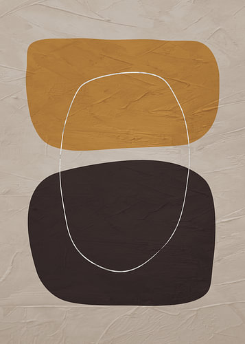 Abstracte, geometrische, minimalistische kunst met organische vormen in aardetinten.