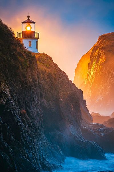 Lighthouse on the coastal cliff at dusk by Poster Art Shop