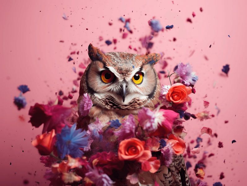 The Wise Owl in Blossom Storm by Eva Lee