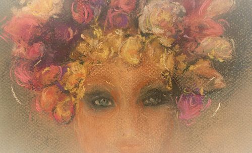 Portrait d'une femme avec une guirlande de fleurs Peint à la main à la craie pastel