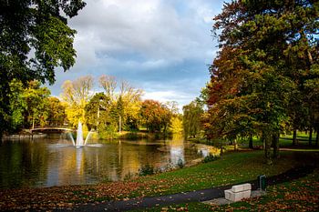 park in autumn with fountain