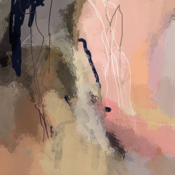 Modern abstract colorful painting in pastel colors. Warm pink, lilac, brown, black by Dina Dankers