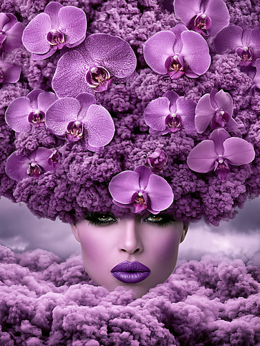 Orchid Symphony – Richly Layered Portrait of a Woman with a Purple-Violet Floral Crown