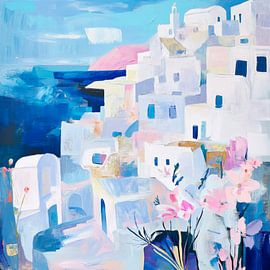 Ville côtière bleue et blanche sur Poster Art Shop