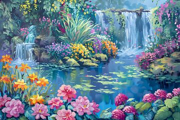 Betoverende Bloementuin met Levendige Waterval van Art & Soul Creations