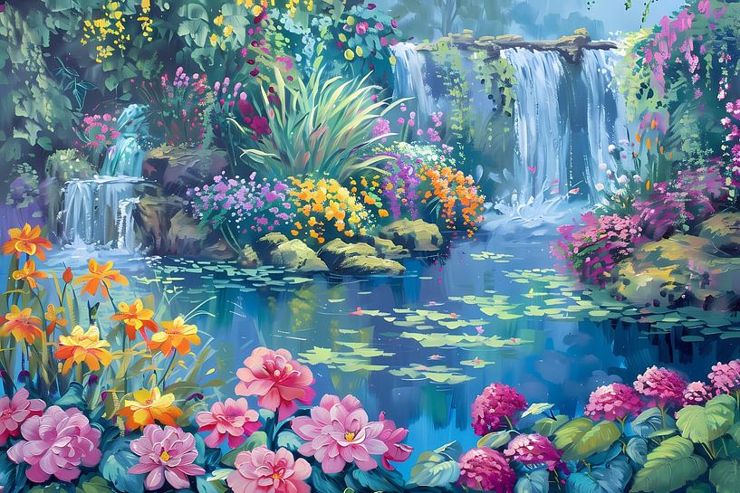 Bezaubernder Blumengarten mit lebhaftem Wasserfall von Art & Soul Creations